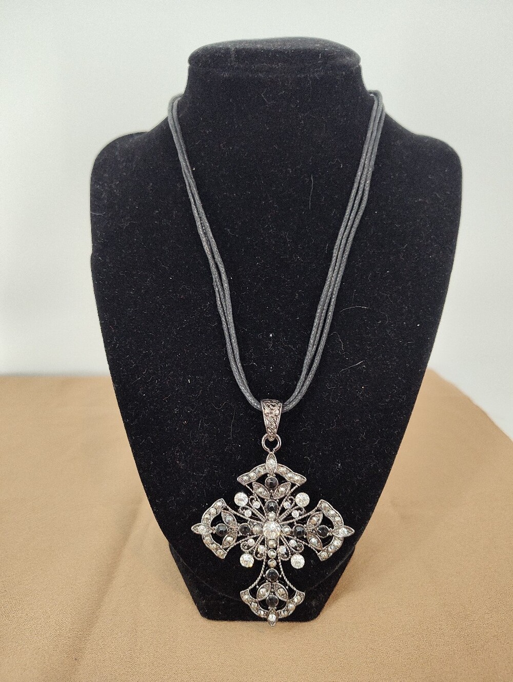Elegant Hematite-Tone Cross Pendant Necklace - Black Cord